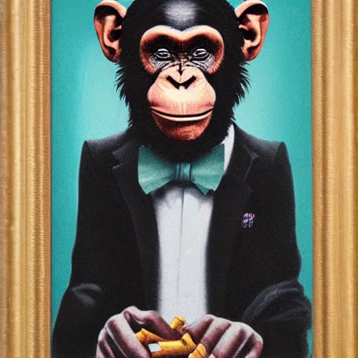 Image similar to a high detail portrait of a chimp wearing a suit 👔,and smoking🚬