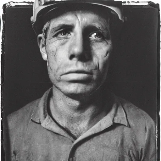 Prompt: portrait of coal mine worker by Diane Arbus, 50mm