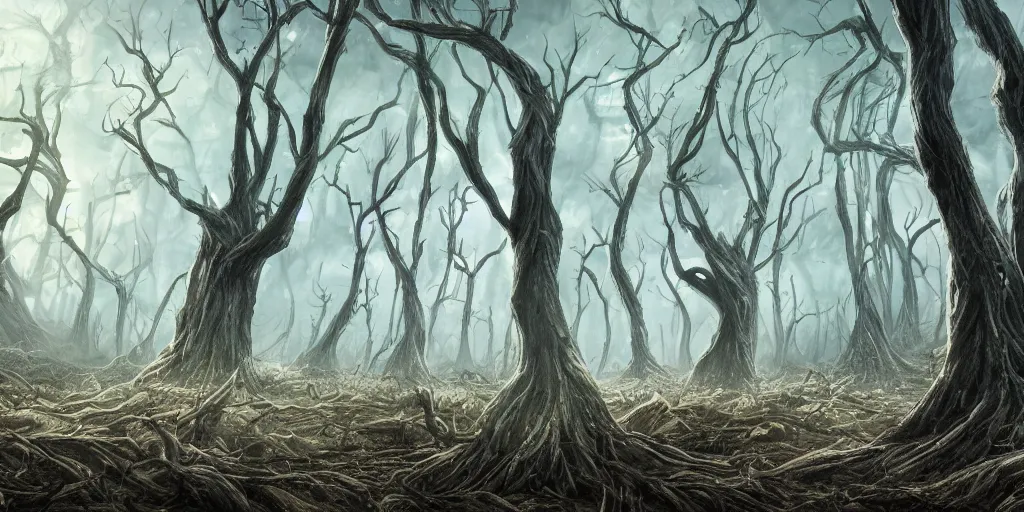 Image similar to dead forest of windswept windswept windswept trees (no soil), high quality fantasy art, 4k