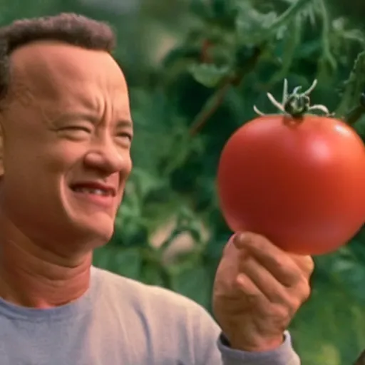 Image similar to still from a movie starring tom hanks as a tomato