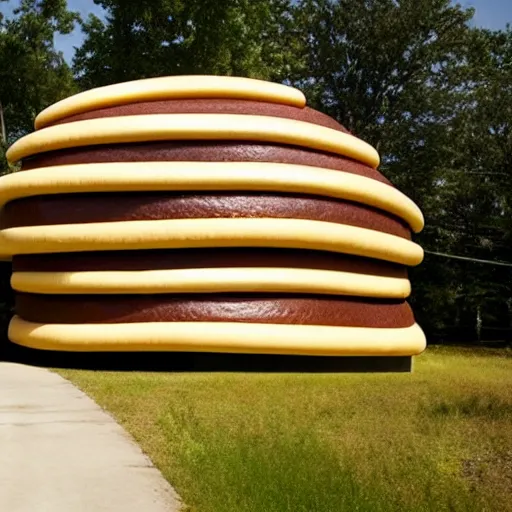 Image similar to a house that looks like a hamburger, with a human living inside