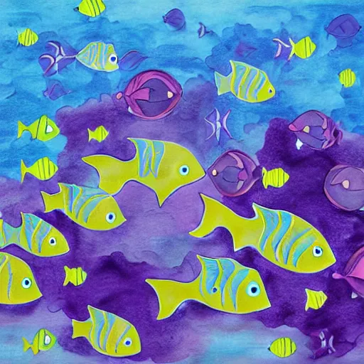 Prompt: purple sea with three cute fish babies