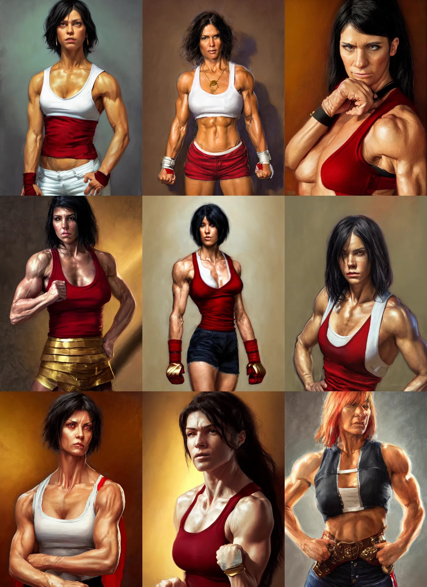 Prompt: a portrait a woman in her 2 0 s, muscular, wearing red tanktop vest with gold lining, white bandages on fists, black hair, short - medium length hair, serious, style by donato giancola, wayne reynolds, jeff easley dramatic light, high detail, cinematic lighting, artstation, dungeons and dragons