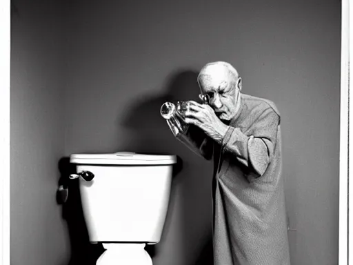 Image similar to an old man suspiciously drinking water from a toilet