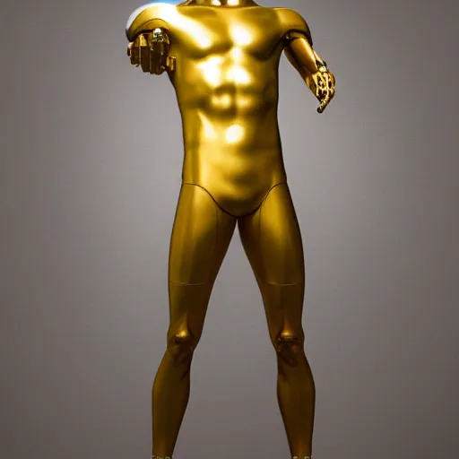 Image similar to a realistic detailed photo of a guy who is an attractive humanoid who is half robot and half humanoid, who is a male android, soccer players martin ødegaard, shiny skin, posing like a statue, blank stare, in a factory, on display, showing off his muscles, gold soccer shorts, back view