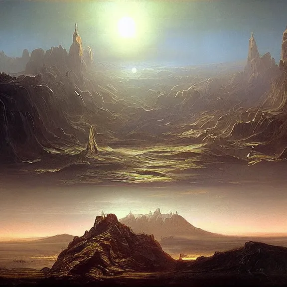 Image similar to “Flan, science fiction matte painting, highly detailed, Thomas Cole”