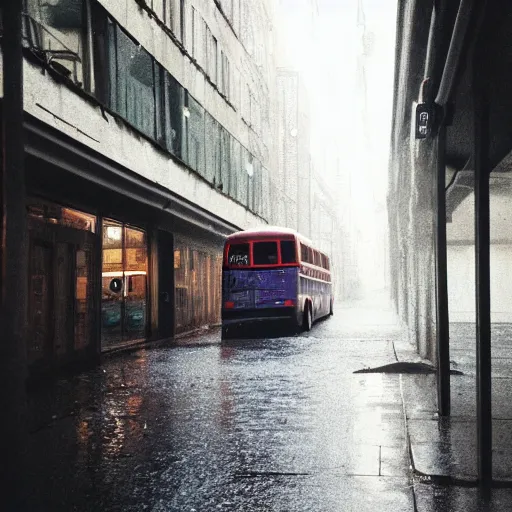 Image similar to 1990s perfect 8K HD professional cinematic photo of a bus in dystopian alleyway, at evening during rain, at instagram, Behance, Adobe Lightroom, with instagram filters, depth of field, taken with polaroid kodak portra