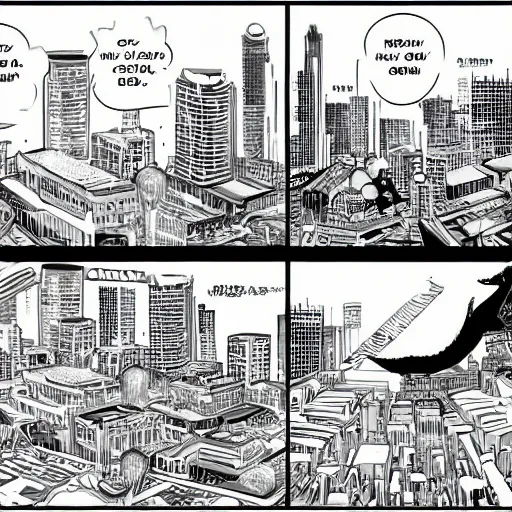 Prompt: a manga page showing a city from above,