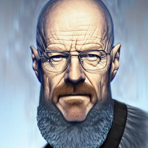 Image similar to Walter white as an Old man, blue eyes, bushy white beard, digital painting, lots of details, extremely detailed, 4k, intricate, brush strokes, Mark Arian, Artgerm, Bastien Lecouffe-Deharme