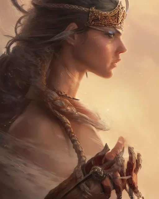 Image similar to A beautiful female warrior posing on a boat, perfect face, highly detailed face, close-up, fantasy woman, fantasy art, in the style of greg rutkowski, illustration, epic, fantasy, intricate, hyper detailed, artstation, concept art, smooth, sharp focus, ray tracing, profile shot