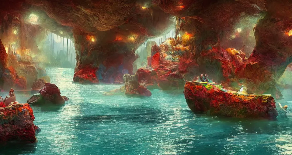 Image similar to a river in a marble cave system with big tea cups floating down it carrying people, vivid colors, matte painting, 8K, concept art, mystical color scheme, trending on artstation