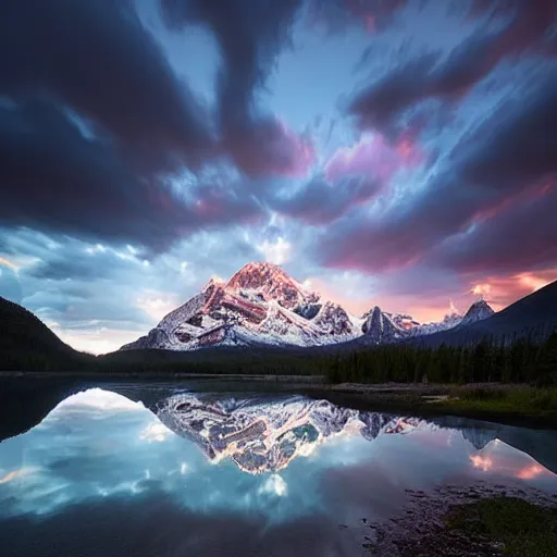 Prompt: landscape photography by marc adamus, glacial lake, sunset, dramatic lighting, mountains, clouds, beautiful'gives instant pleasant looking photography - like images