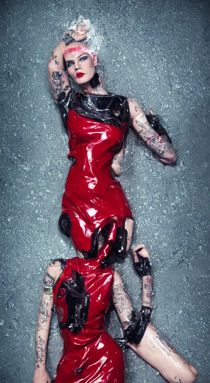 Prompt: woman, android, robot, cyberpunk, shaved head sides, short hair, tattoos, neon lights, hard light, lense flares, glamour, vogue photoshoot, fashion, short dress, red dress, latex, sexy dress, legs, thighs, raindrops, rain, wet, wet fabric, wet make - up, leaky make - up, wet hair, red lipstick