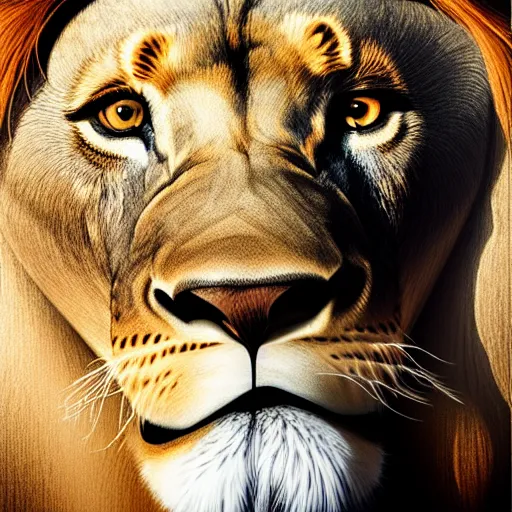 Image similar to a lion lookimg at the viewer,fish eye lens,funny,photorealiatic,hyperdetailed,hyperrealistic,studio lighting,studio photography,professional photography,professional lighting,detailed face,3 point lighting,4k,digital art,ultra realistic,ultra detailed,art by greg rutkowski