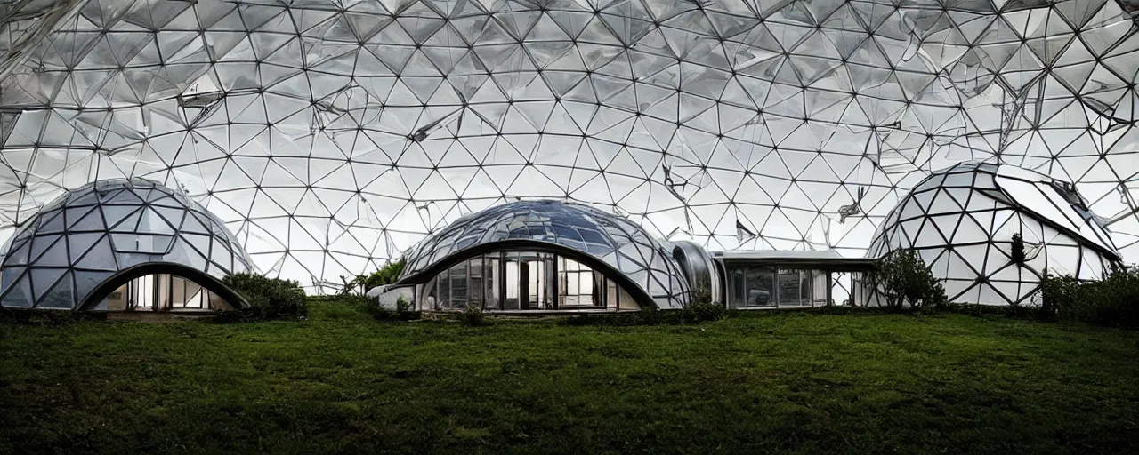 Prompt: dome house by kristoffer tejlgaard syd mead buckminster fuller zaha hadid, concept house, earthship, greenhouse, underground, optimus sun orientation, north hemisphere, spain, geodesic architecture, biodome, fuller