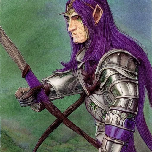 Prompt: male wood elf, pointy ears, long purple hair, holding a longbow, green leaf cloak, leather armor, metal gauntlets, green eyes. in the style of alan lee and john howe. fantasy. detailed.