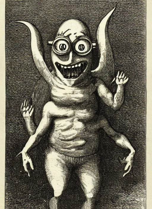 Prompt: a minion as a demon from the dictionarre infernal, etching by louis le breton, 1 8 6 9, 1 2 0 0 dpi scan, ultrasharp detail, clean scan