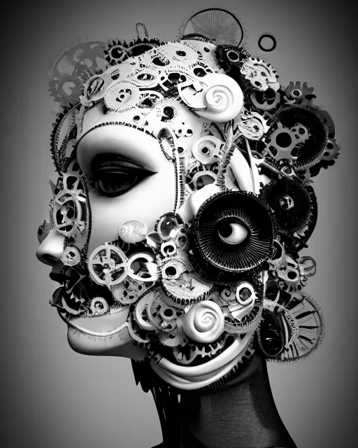 Image similar to black and white dreamy foggy profile face portrait, one steampunk eye biomechanical beautiful young female cyclope - cyborg - robot bust, body ribs meshes,, volumetric light, hibiscus flowers, by hg giger, rim light, by dora maar and cecile beaton, big gothic fashion pearl embroidered collar, 8 k