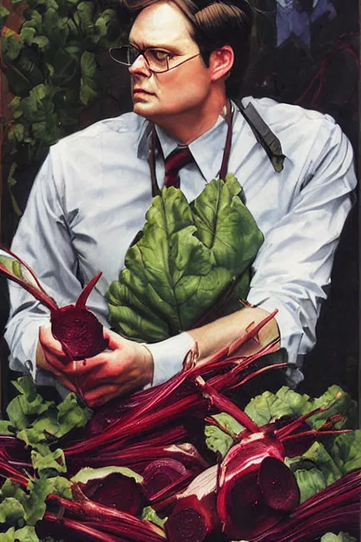 Image similar to dwight schrute gardening, beets!!!, painting by jc leyendecker!! phil hale!, angular, brush strokes, painterly, vintage, crisp