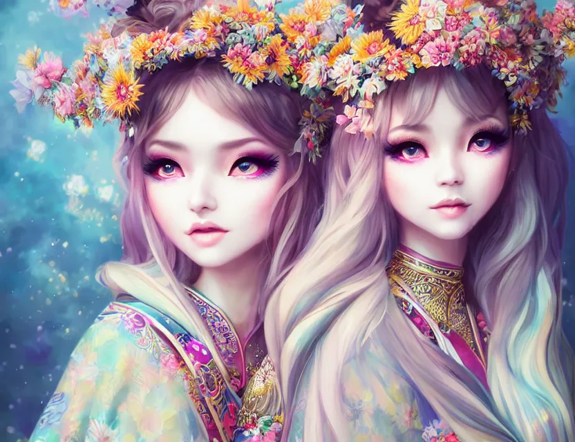 Prompt: two beautiful fashion siberian girls wear fantasy kimono in festival | | big eyes, sunny, dreamlike art, realistic shaded, smile, good looking, hyper details, 4 k realistic, cryengine, realistic shaded lighting poster by artgerm, ross tran, fuji choko, loish, 8 k resolution, trending on artstation, luxury