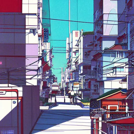 Image similar to japanese town, neighborhood, modern neighborhood, japanese city, underground city, modern city, tokyo - esque town, 2 0 0 1 anime, cel - shading, compact buildings, art by syd mead