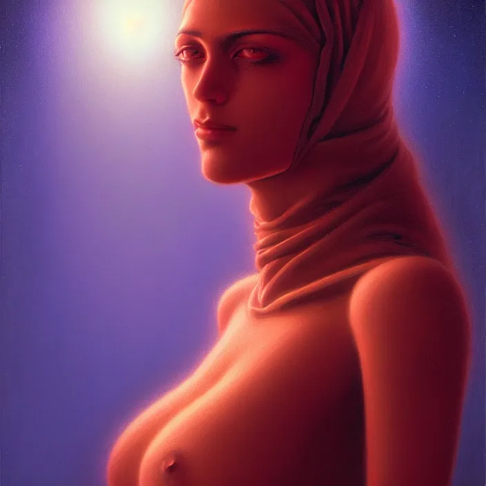 Prompt: cinematic bust portrait of psychedelic female prophet muhammad from left, head and chest only, exotic female features, robotic enhancements, desaturated, Tim Hildebrandt, Wayne Barlowe, Bruce Pennington, donato giancola, larry elmore, oil on canvas, masterpiece, trending on artstation, featured on pixiv, cinematic composition, dramatic pose, beautiful lighting, sharp, details, hyper-detailed, HD, HDR, 4K, 8K