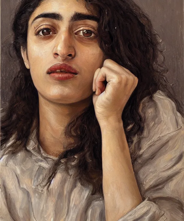 Image similar to realistic portrait of golshifteh farahani, painted by lucian freud, high quality, high detail