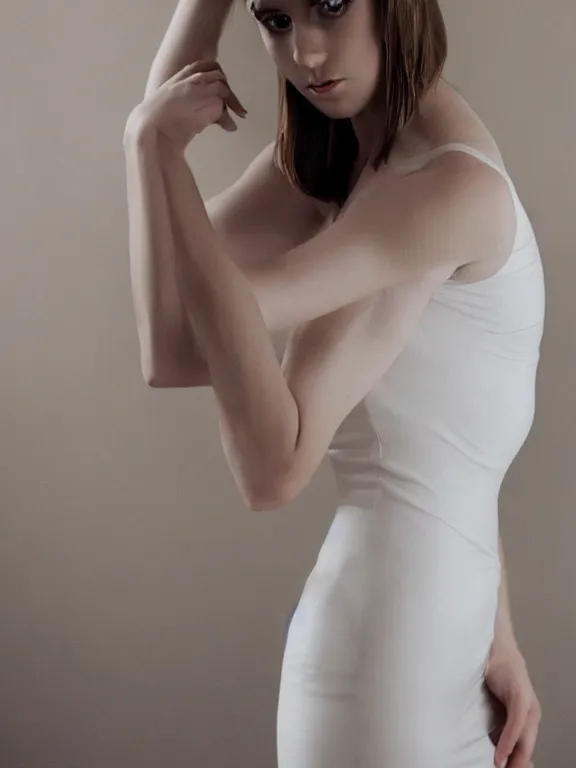 Image similar to studio photo of gorgeous seductive tall emily skinner cosplaying annie leonhart wearing tight white dress, beautiful face, pale skin, rule of thirds, cinematic lighting, sharp focus, backlit, stunning, smooth, hard focus, full body shot