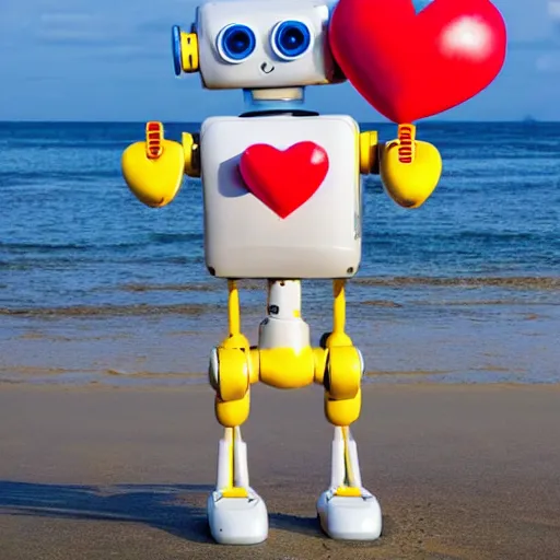 Image similar to a cute robot smiling holding heart balloons in the beach