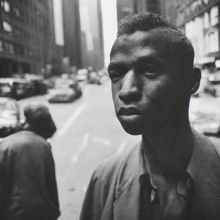 Prompt: medium format film candid portrait of a man in new york by street photographer from the 1 9 6 0 s, hasselblad film man portrait featured on unsplash, chiaroscuro damaged colour film,