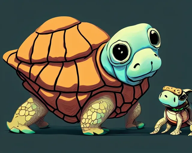 Image similar to cell shaded cartoon of an adorable turtle with a bulldog's head wearing goggles, concept art by josan gonzales and wlop, by james jean, victo ngai, david rubin, mike mignola, deviantart, art by artgem