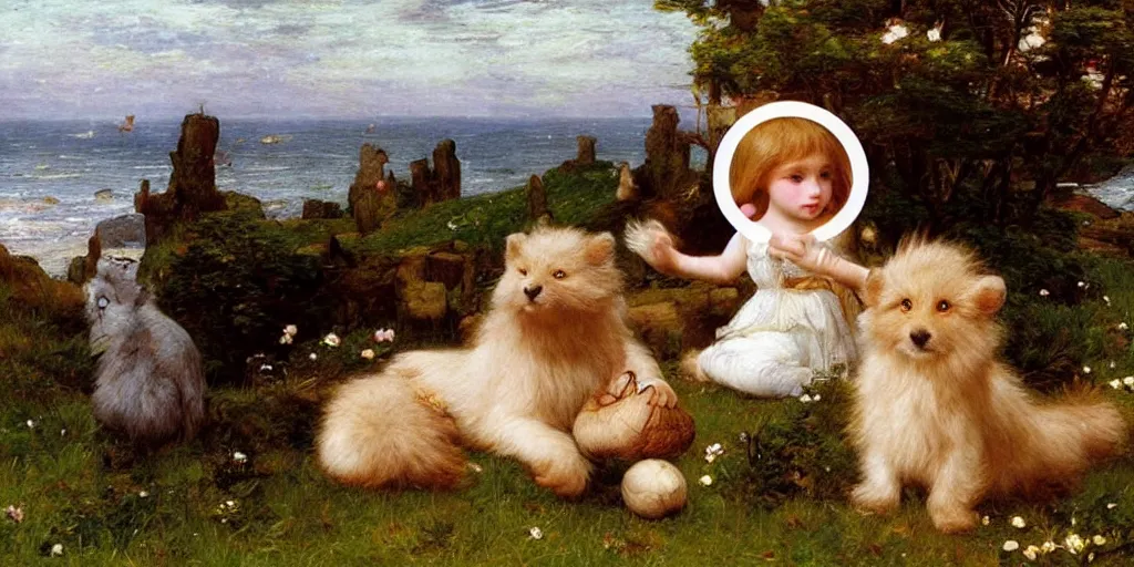 Prompt: 3 d precious moments plush animal, realistic fur, moonrise by the sea, master painter and art style of john william waterhouse and caspar david friedrich and philipp otto runge