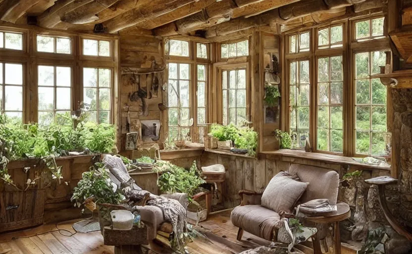 Image similar to cottage living room interior, sunny, natural materials, rustic wood, window sill with plants, vines on the walls, dried herbs under the ceiling, the witch cauldron on the tigel, bookshelves, design