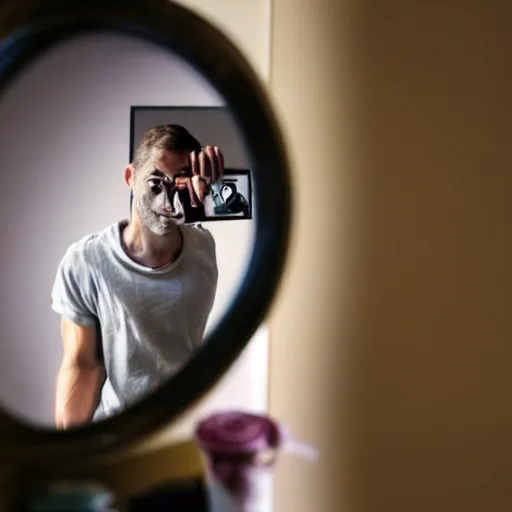 Prompt: a man taking a selfie in the mirror, only to see a strange surreal reality in the reflection