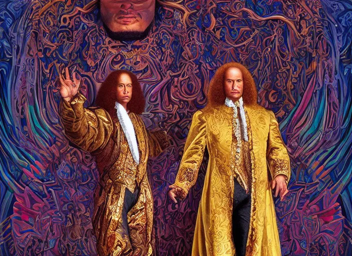 Image similar to beautiful oil painting, full length portrait of Dwayne the rock Johnson as Louis xiv in coronation robes 1701, Dan Mumford, Dan Mumford, Alex grey, Alex grey, highly detailed , lsd visuals, dmt fractal patterns, hallucinogen, visionary art, psychedelic art, ornate, vaporwave, baroque