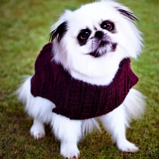 Prompt: a cute pekingese wearing a sweater, high resolution photo