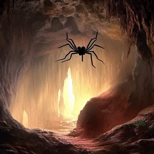 Image similar to a deep cave with a spider waiting in the shadows. fantasy. atmospheric. scaring. very detailed.