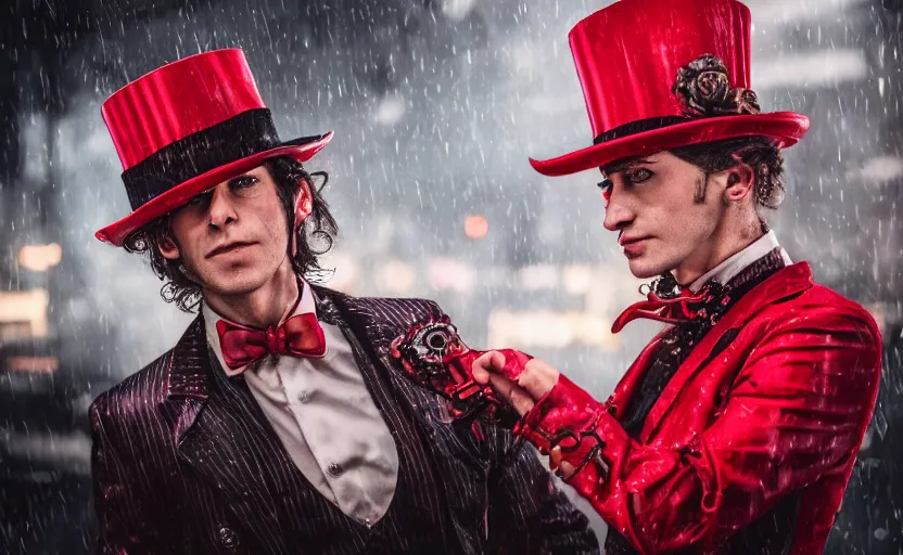 Image similar to cinestill 5 0 d candid photographic portrait by david cronenberg of baroque steampunk cyborg gentleman wearing a red edwardian suit and top hat, floral growths, modern cyberpunk moody emotional cinematic, closeup, pouring rain menacing lights shadows, 8 k, hd, high resolution, 3 5 mm, f / 3 2, ultra realistic faces, ex machina