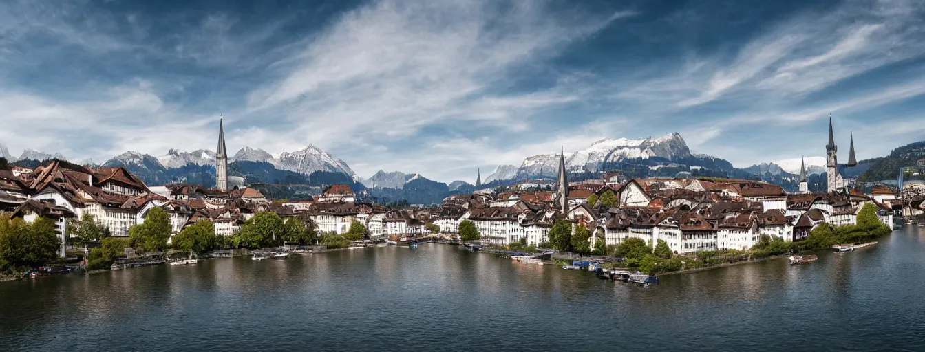 Image similar to Photo of Zurich, looking down the Limmat at the lake and the alps, Hardturm, Grossmünster, wide angle, volumetric light, hyperdetailed, mountain water, artstation, cgsociety, 8k