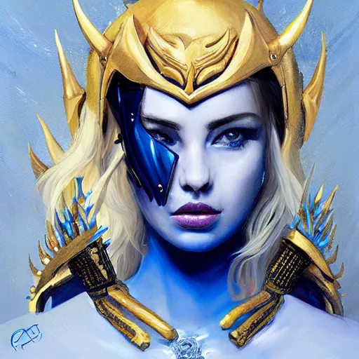 Image similar to painting of a woman in elaborate blue and gold armor with spiked horns on her helmet, painting by Charlie Bowater and WLOP