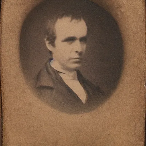 Image similar to earliest portrait photograph of a man, realistic face, 1 8 4 0 s, 1 8 3 0 s, victorian, very grainy, very blurry, very faded