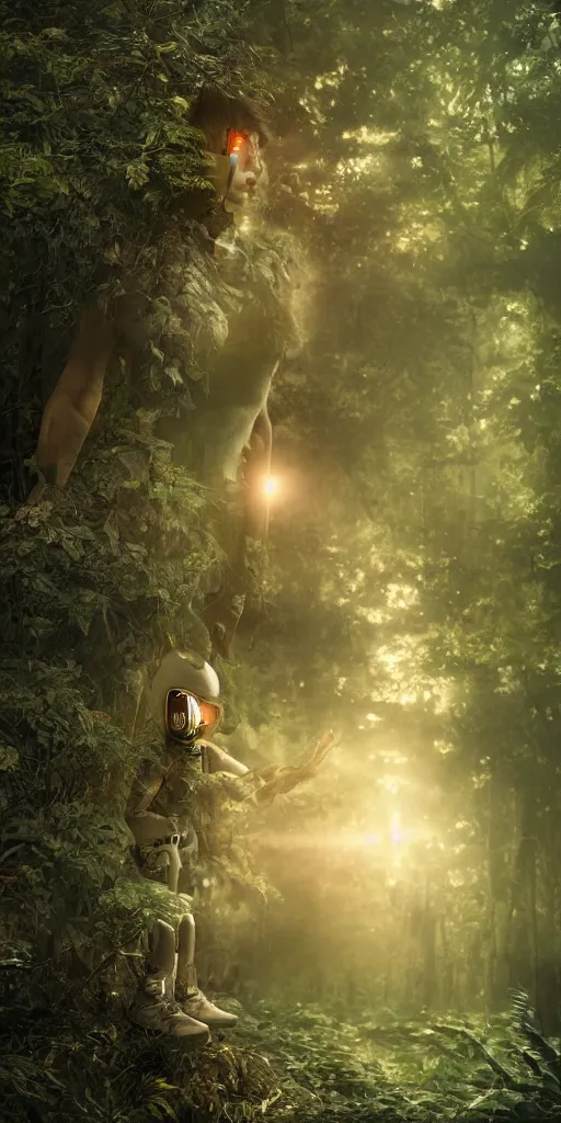 Prompt: a photorealistic cyborg, in a beautiful forest with sunshine and tropical rain clouds, golden hour, trending on theater, 4K, cinematic, cinematograhic lighting, UHD, HDR