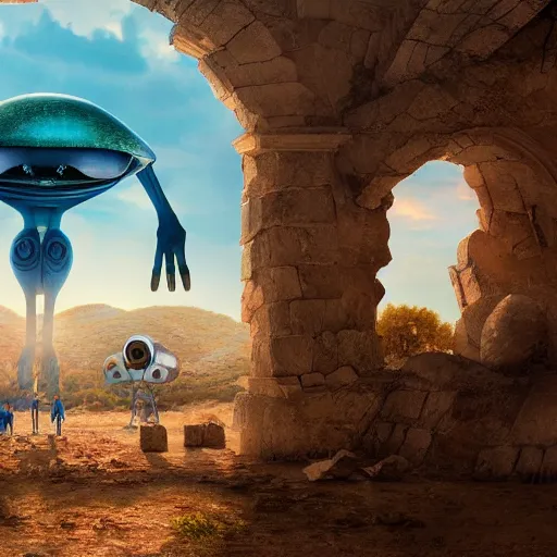 Image similar to Pixar movie still about an alien invasion Ancient Athens, UFOs, portrait, intricate, 8k highly professionally detailed, HDR, CGsociety