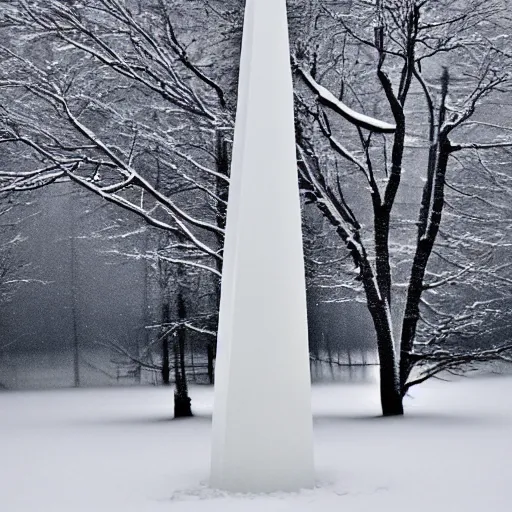 Image similar to a large, white obelisk floating above the ground in a taiga. snowing, grainy, overcast sky,