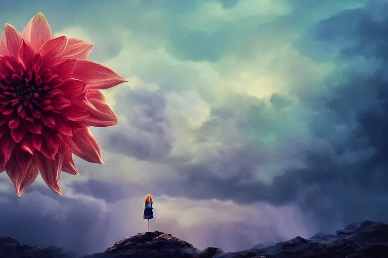 Image similar to closeup giant dahlia flower as head, girl standing on mountain, surreal photography, blue storm clouds, dramatic light, impressionist painting, digital painting, artstation, simon stalenhag