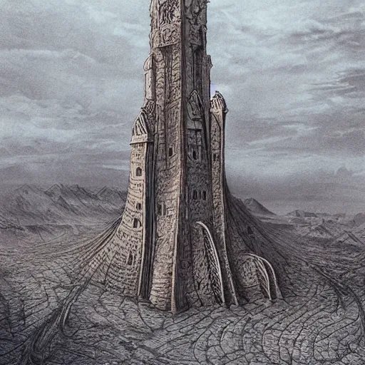 Image similar to “tower in desert, epic fantasy, highly detailed, panoramic, atmospheric, intricate, highly defined”