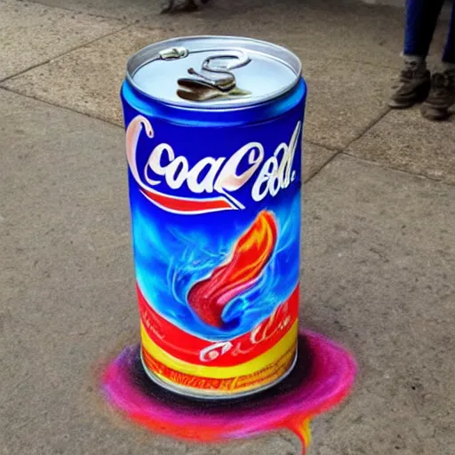 Image similar to a flaming can of cola, chalk art