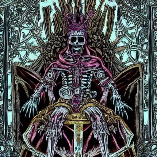 Image similar to A lich sitting on the throne made of bones, magical glow, intricate, sharp details