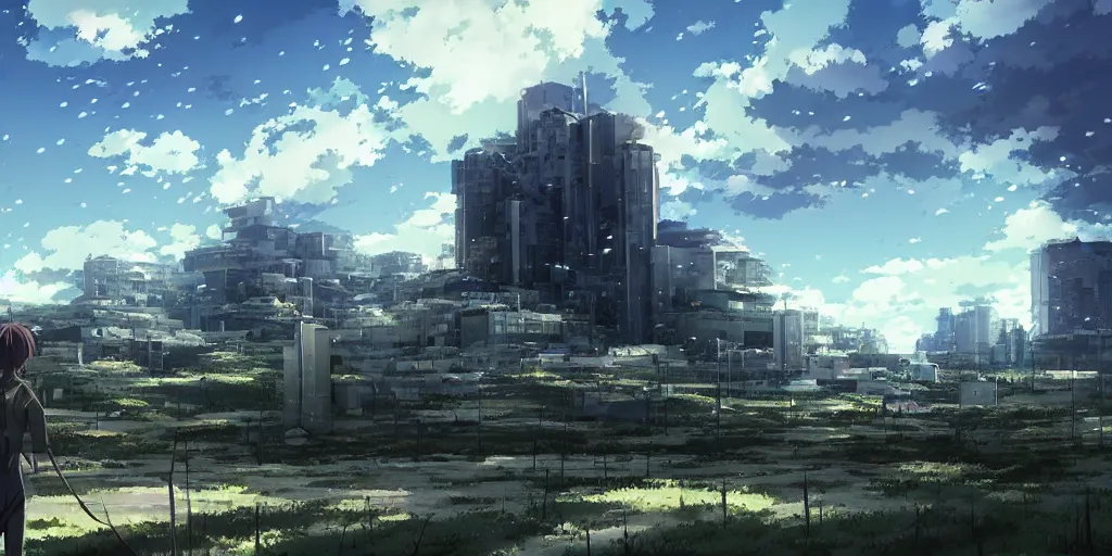 Image similar to realistic building, monster, wide landscape, eva, war, art by makoto shinkai