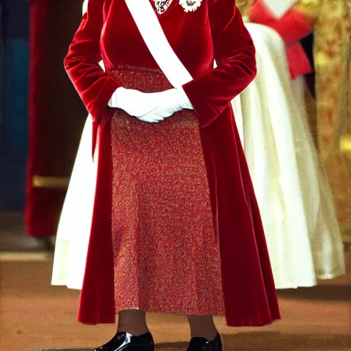 Image similar to queen elizabeth in a red velvet cake costume